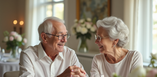 Couple agee tenant la main lors d une celebration d anniversaire