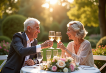 Couple d'âge partageant un toast lors d'un anniversaire en extérieur