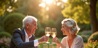 Couple d'âge partageant un toast lors d'un anniversaire en extérieur