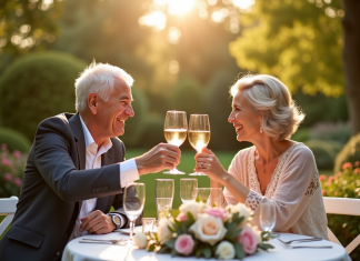 Couple d'âge partageant un toast lors d'un anniversaire en extérieur