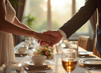 Comment marquer le cap des 44 ans de mariage avec élégance ? Couple mature tenant la main lors d un dîner d anniversaire