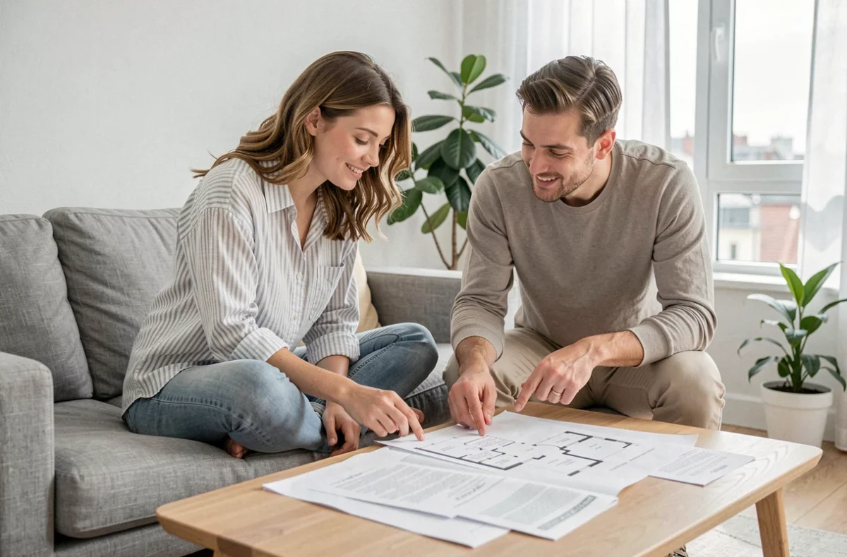 Couple planifiant leur avenir ensemble dans un appartement moderne, entouré de plans et de projets pour 2026