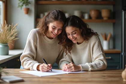 Jeune couple écrivant cartes de mariage dans une cuisine chaleureuse