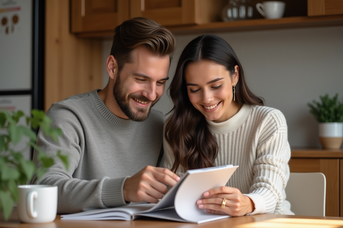 Jeune couple souriant regarde catalogue de bijoux à la maison