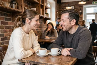 Couple complice partageant un café dans un bistrot parisien chaleureux, évoquant la complicité amoureuse en 2026