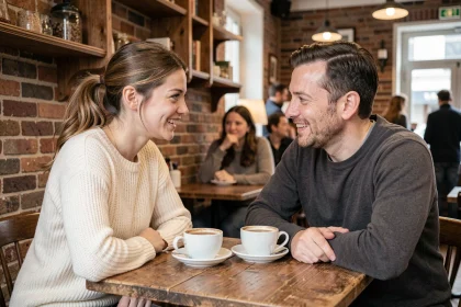 Couple complice partageant un café dans un bistrot parisien chaleureux, évoquant la complicité amoureuse en 2026