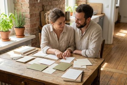 Couple souriant choisissant ensemble les faire-part de mariage sur une table en bois avec papeterie et échantillons de papier