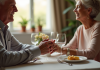 Couple mature souriant lors d'un dîner romantique