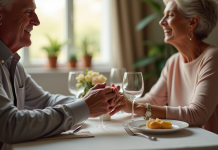 Couple mature souriant lors d'un dîner romantique