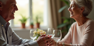 Couple mature souriant lors d'un dîner romantique