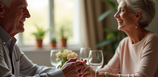 Couple mature souriant lors d'un dîner romantique