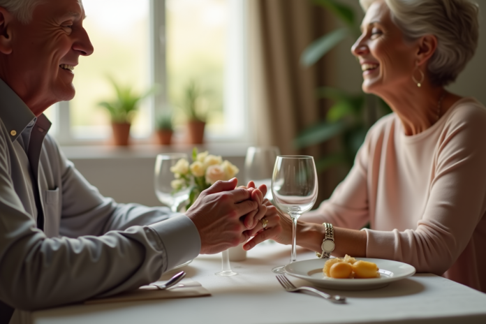 Couple mature souriant lors d'un dîner romantique
