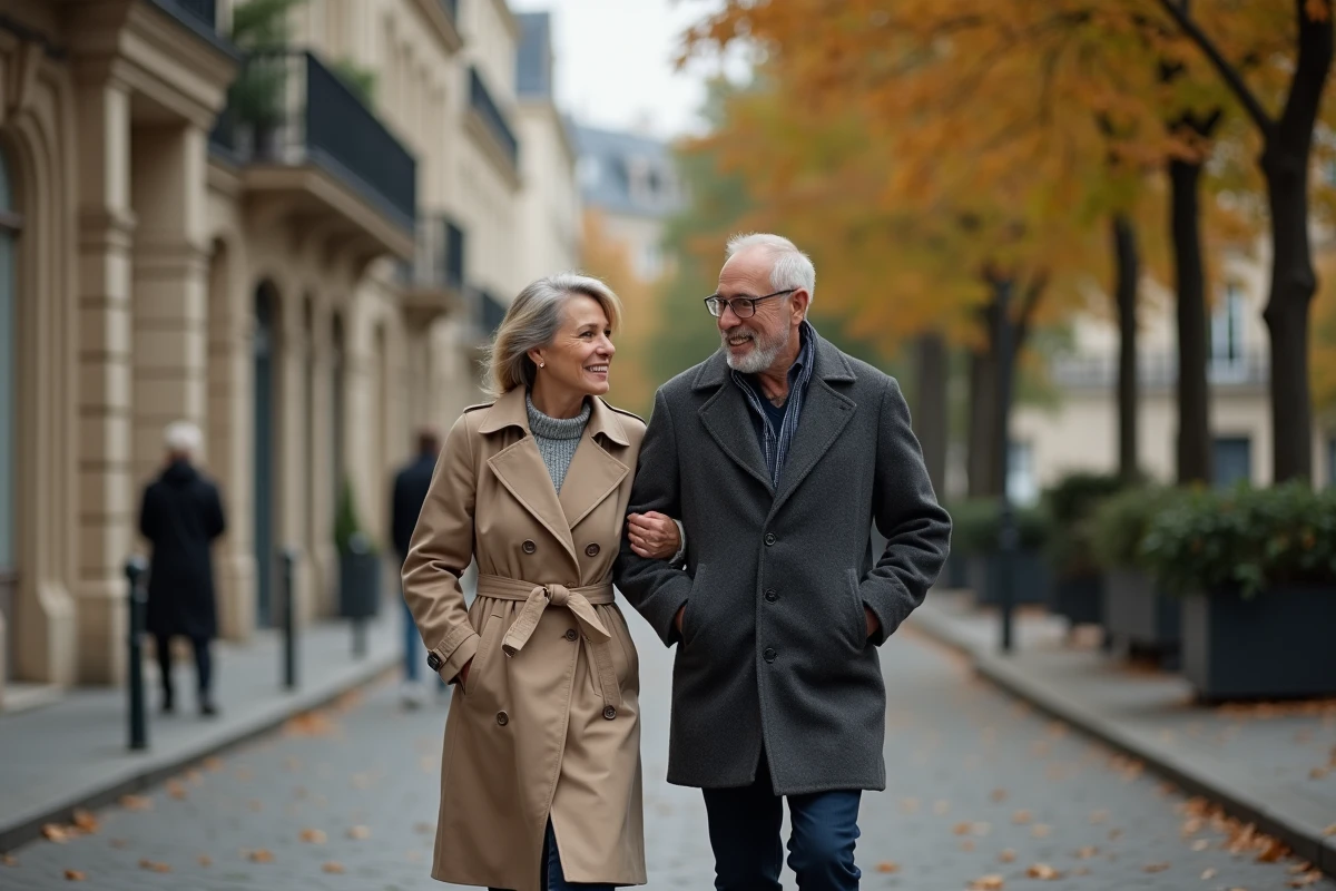 Couple élégant marchant discrètement dans une rue pavée parisienne en automne, vie privée et intimité préservées