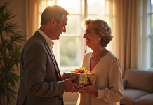 Couple élégant échangeant un cadeau dans un salon lumineux