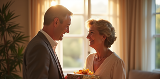 Couple élégant échangeant un cadeau dans un salon lumineux