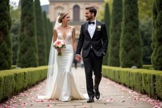 Couple élégant marchant dans un jardin de mariage