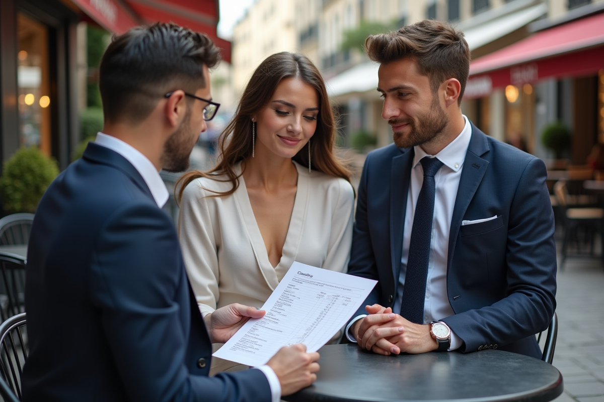 Jeune couple discutant avec organisateur de mariage en terrasse
