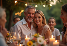 Couple souriant lors d'un dîner extérieur festif