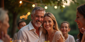 Couple souriant lors d'un dîner extérieur festif