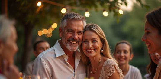 Retour sur notre fête de 20 ans de noce : expérience et conseils Couple souriant lors d'un dîner extérieur festif