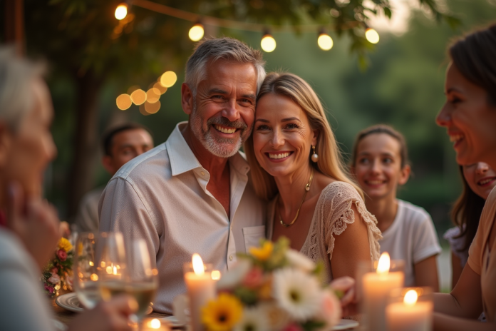 Couple souriant lors d'un dîner extérieur festif