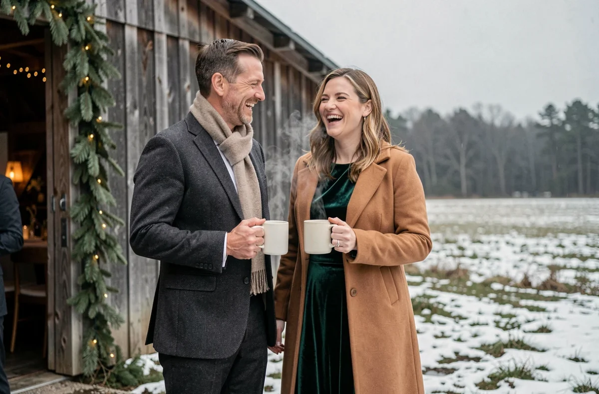Couple d'invités à un mariage d'hiver en tenues élégantes et chaleureuses devant une grange rustique décorée