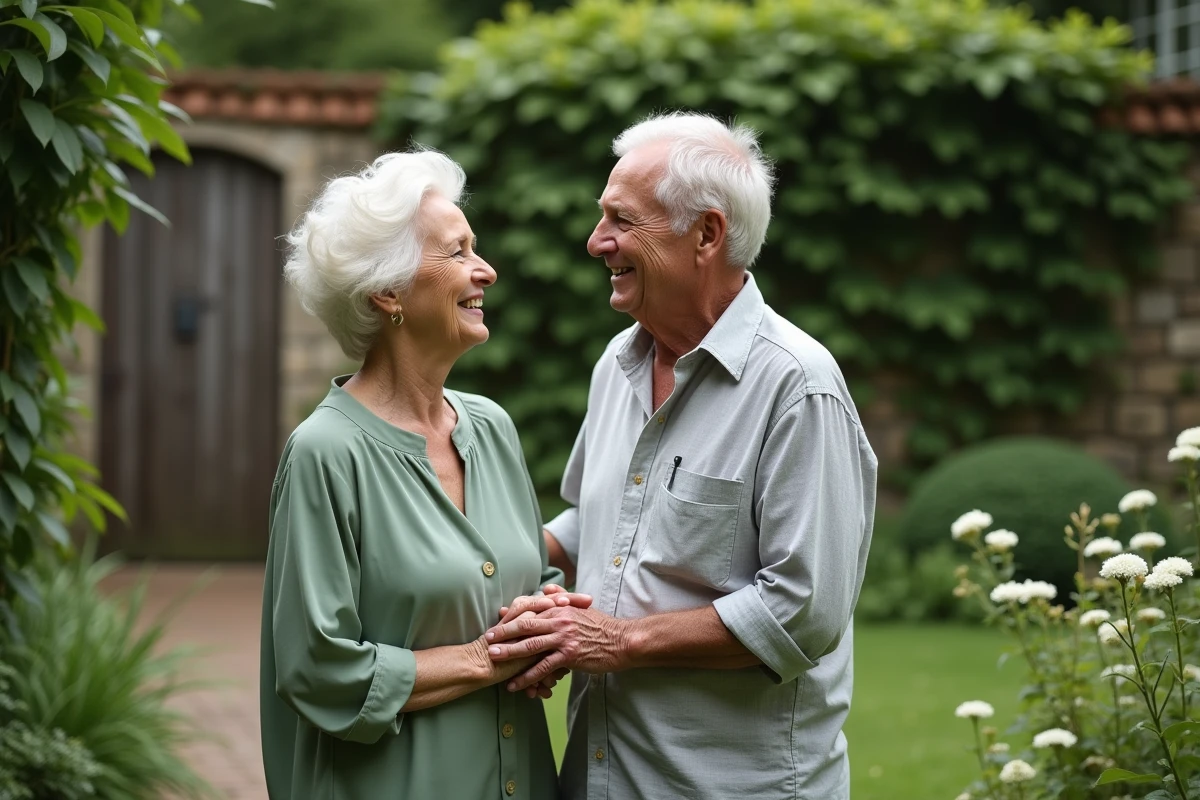 Couple de personnes âgées dans un jardin verdoyant riant ensemble pour célébrer leurs 55 ans de mariage noces d'émeraude