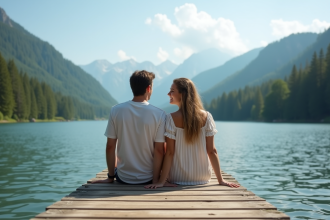 Jeune couple sur un ponton au lac en été