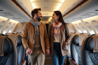 Jeune couple souriant dans un avion élégant