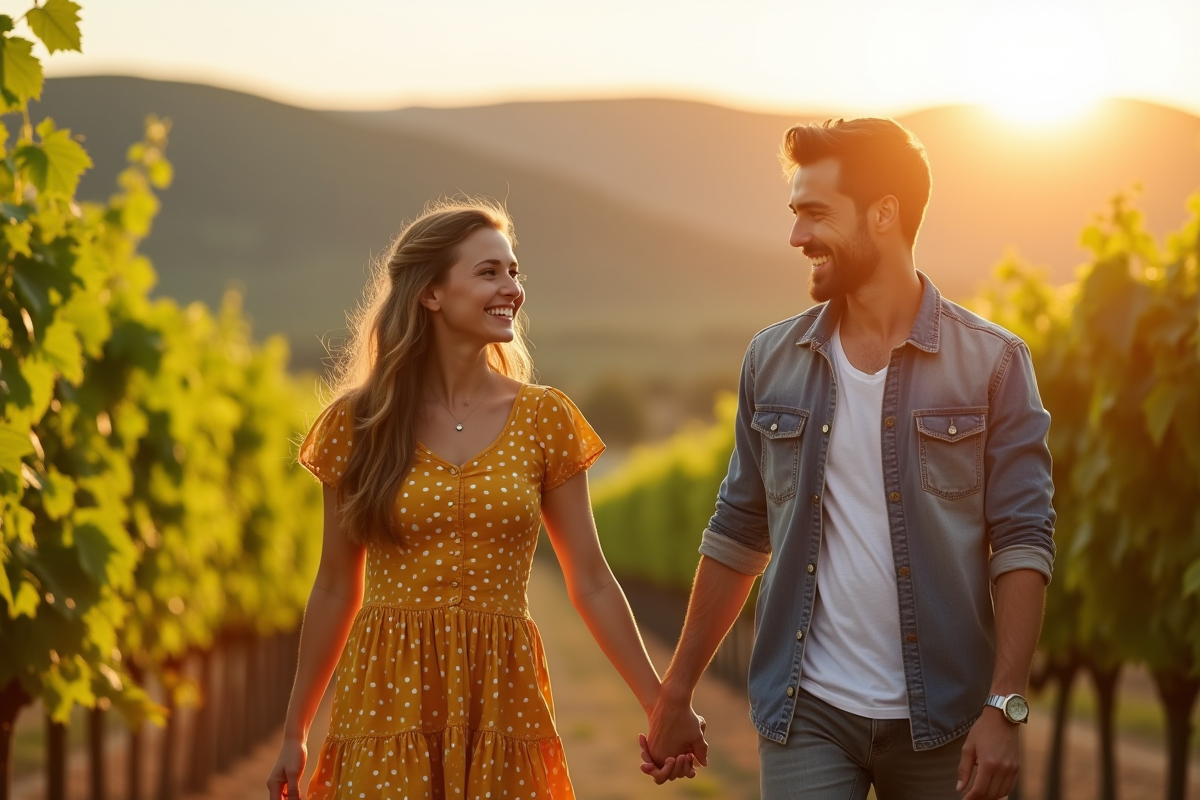 Couple main dans la main dans un vignoble ensoleille
