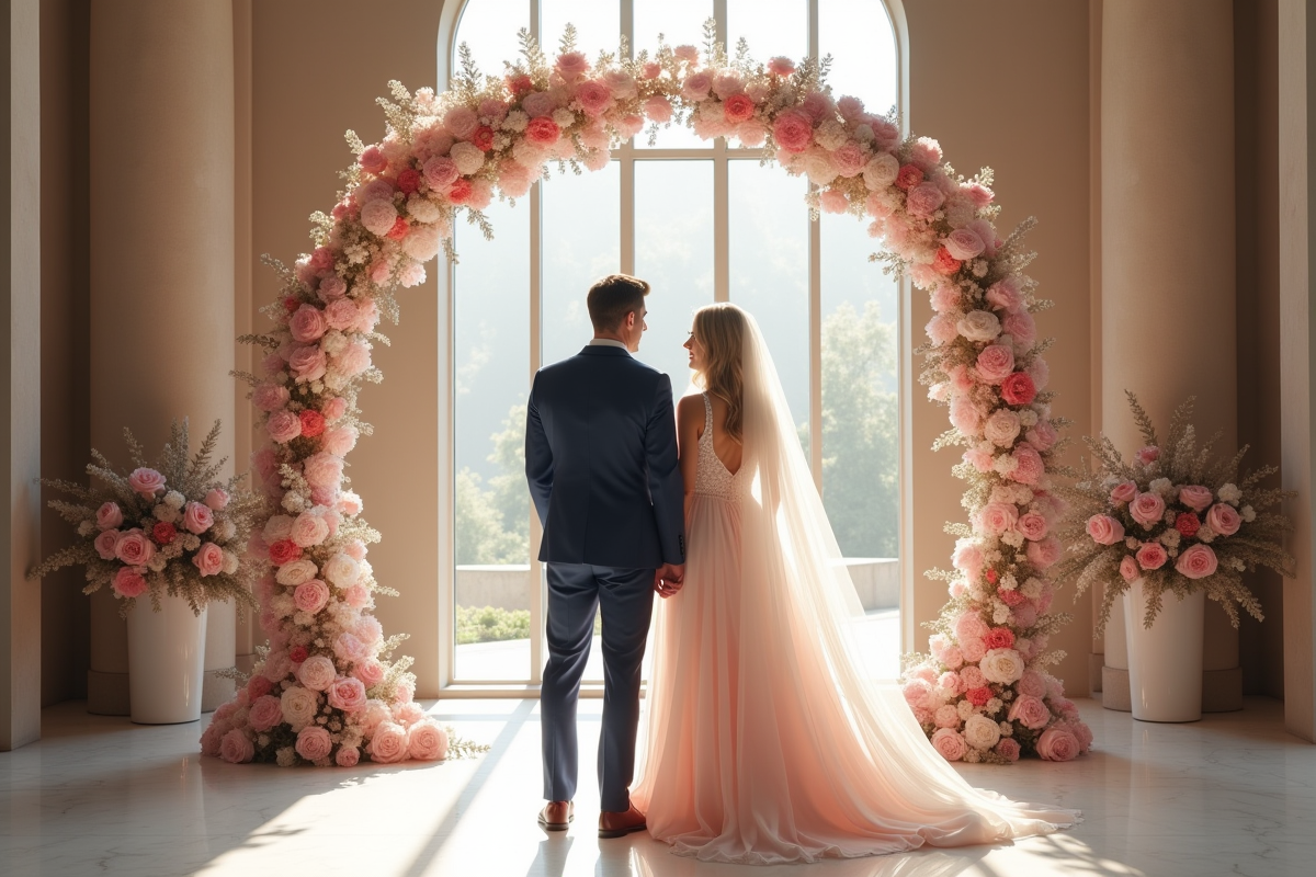 Couple de mariés dans un hall moderne avec décoration chic et arche florale