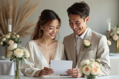 Jeune couple souriant lisant une carte de mariage élégante