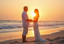 Couple mature échangeant vœux sur plage au coucher du soleil