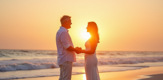 Couple mature échangeant vœux sur plage au coucher du soleil