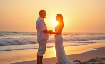 Couple mature échangeant vœux sur plage au coucher du soleil