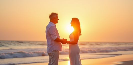 Les plus belles destinations pour renouveler ses vœux après 8 ans de mariage Couple mature échangeant vœux sur plage au coucher du soleil