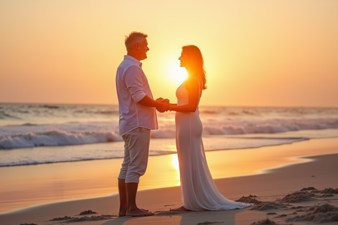 Couple mature échangeant vœux sur plage au coucher du soleil
