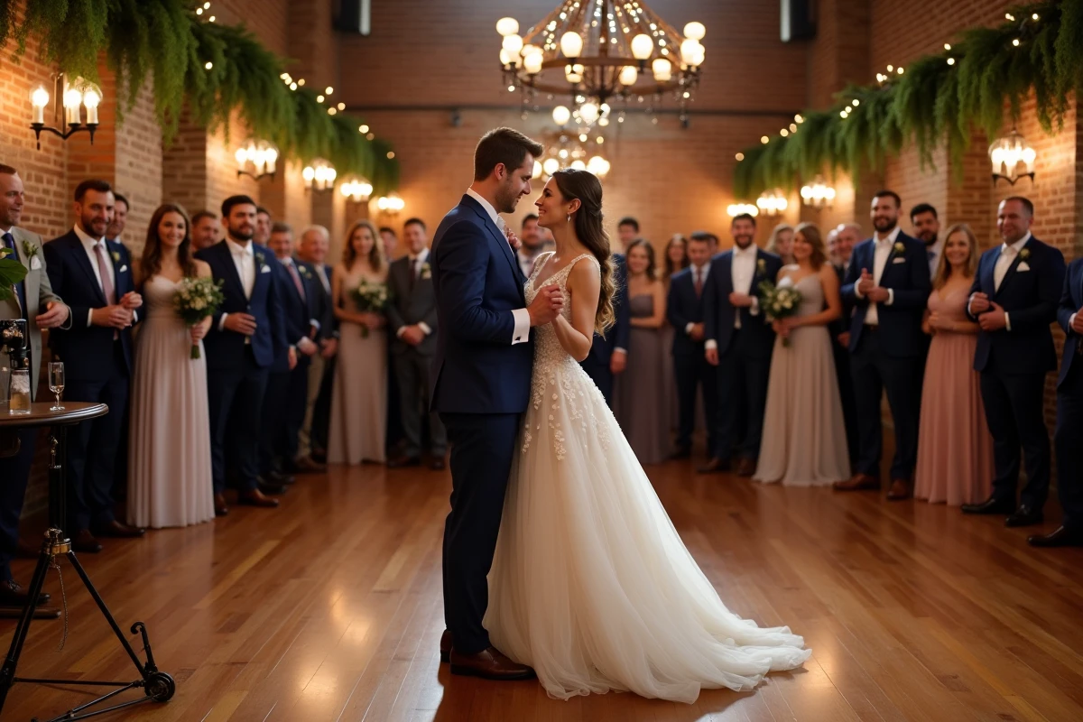 Couple de mariés dansant sur une playlist maison lors de leur réception de mariage rustique