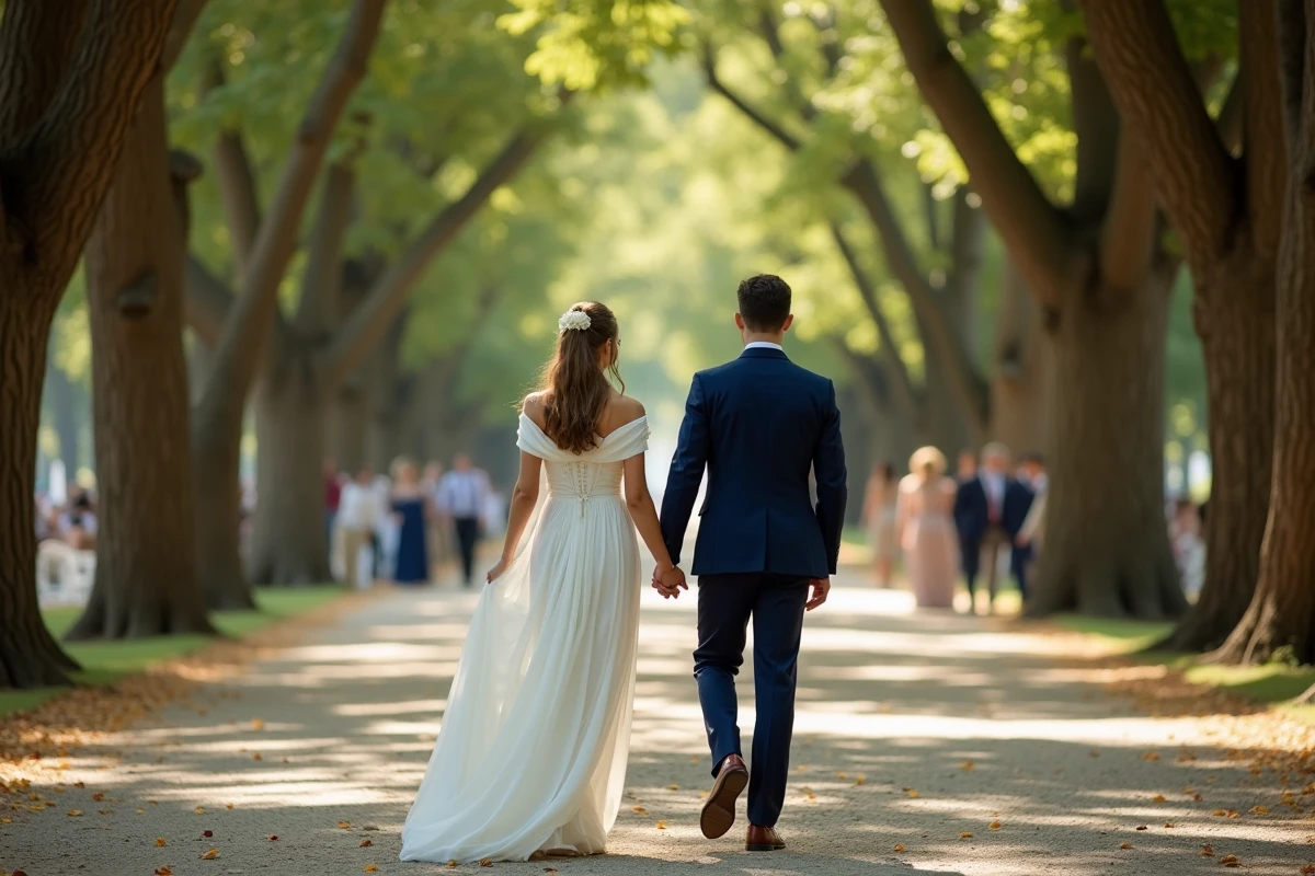 Couple de mariés marchant main dans la main sur une allée d'arbres bordée de platanes, la mariée en robe blanche et le marié en costume bleu marine