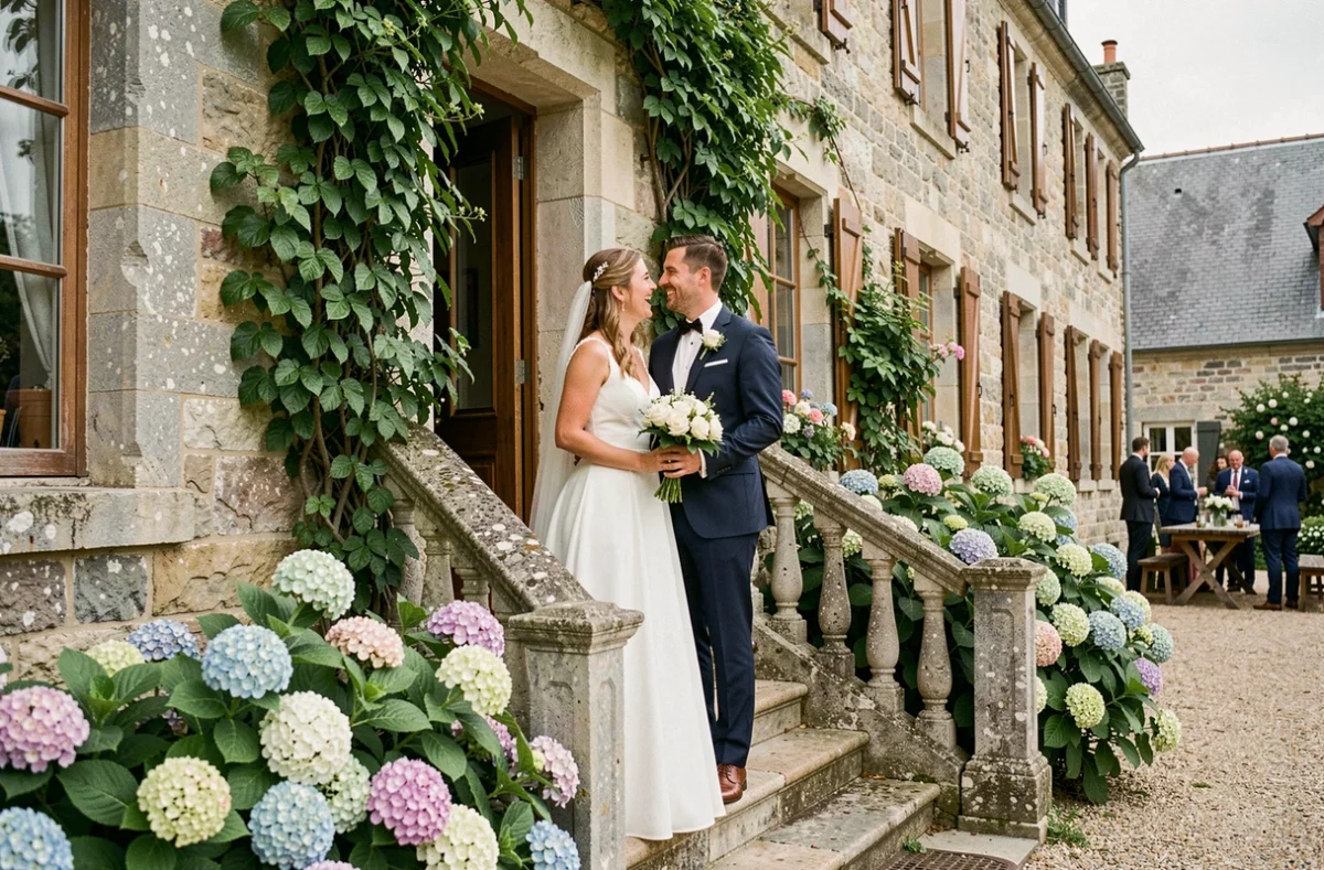 Couple de mariés devant un manoir breton en Morbihan avec façade en granit et jardin fleuri d'hortensias