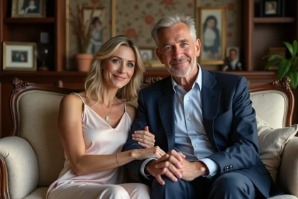 Couple méditerranéen élégant assis sur un canapé vintage