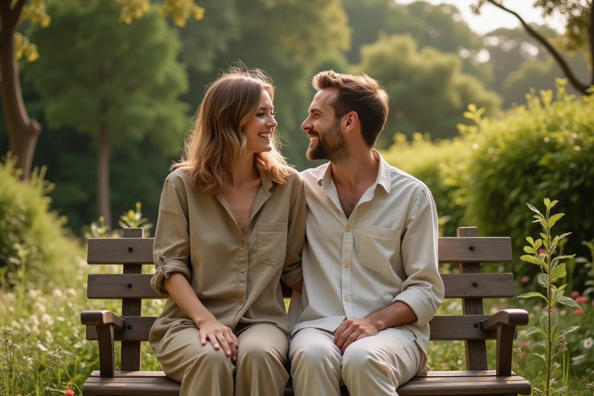 Couple moderne partageant un moment complice dans un jardin botanique, symbole d'une relation fondée sur l'égalité et le respect mutuel