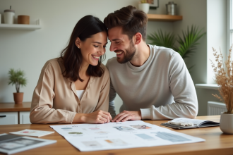 Jeune couple souriant devant un mood board de mariage à la maison