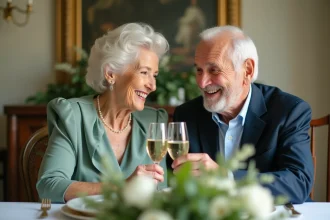 Couple de personnes âgées célébrant 55 ans de mariage aux noces d'émeraude autour d'une table décorée de vert et d'or