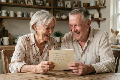 Couple de seniors riant en lisant une carte d'anniversaire de mariage humoristique à la maison pour leurs noces d'or