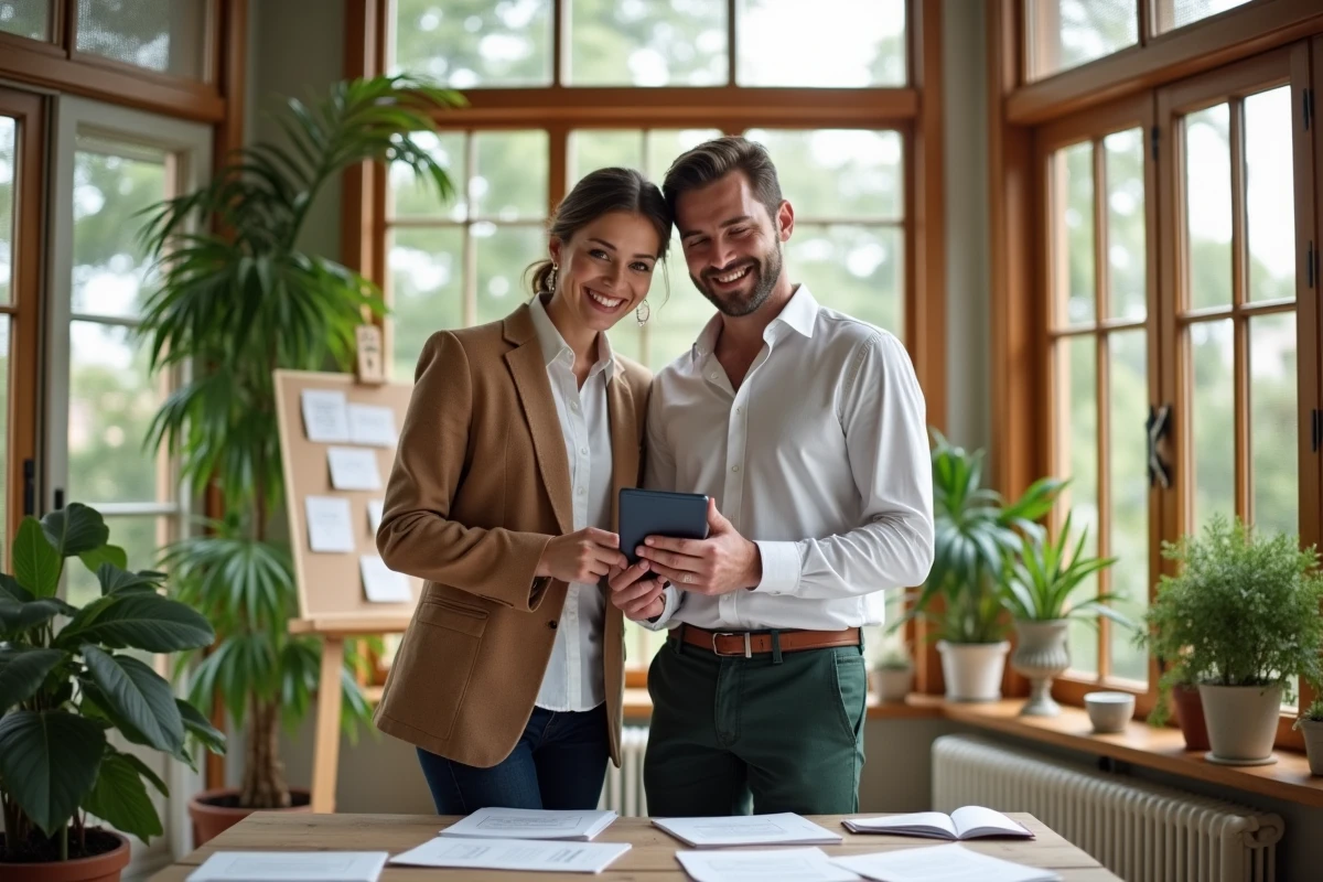 Couple souriant planifiant mariage dans sunroom