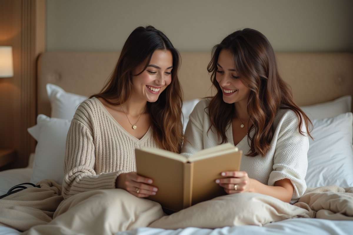 Jeune couple souriant planifiant leur voyage dans une chambre d