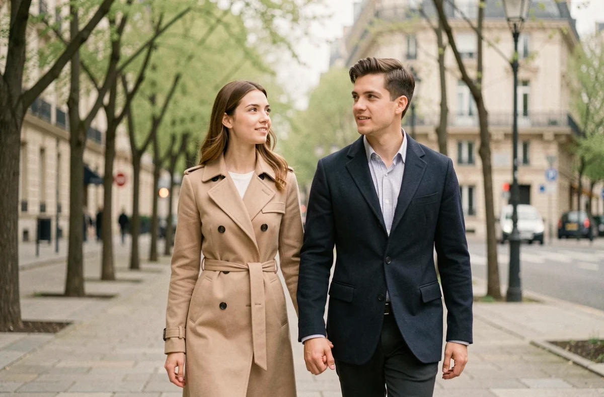 Jeune couple main dans la main se promenant sur un boulevard printanier, symbolisant un avenir commun et des projets partagés
