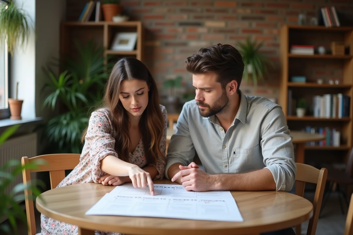 Couple examinant ensemble leur rétroplanning de mariage imprimé sur une table, discutant des dates clés à ne pas manquer