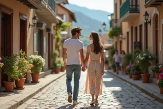 Jeune couple souriant marchant dans une rue pavée européenne